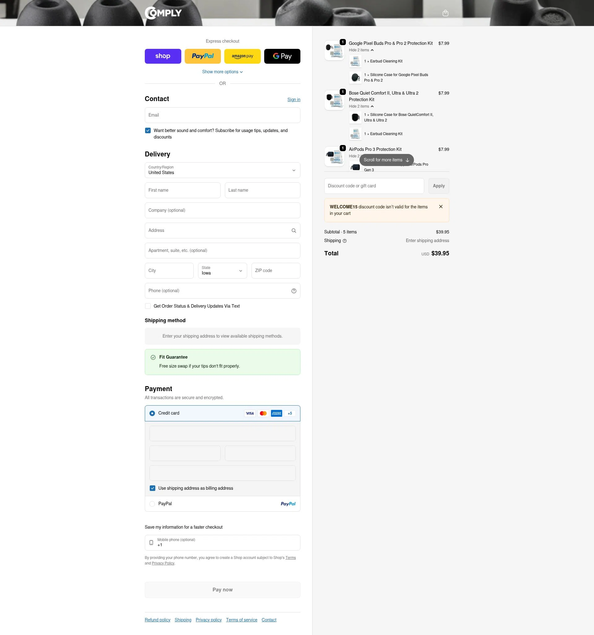 Comply Foam checkout page showing Comply Foam promo code box | Screenshot taken by SimplyCodes community member on Feb 7, 2026