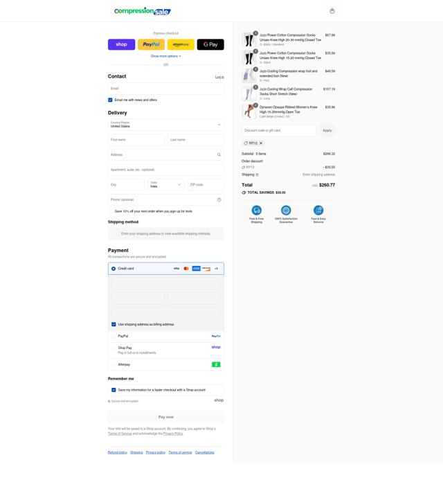 CompressionSale.com checkout page showing CompressionSale.com promo code box | Screenshot taken by SimplyCodes community member on Aug 29, 2025