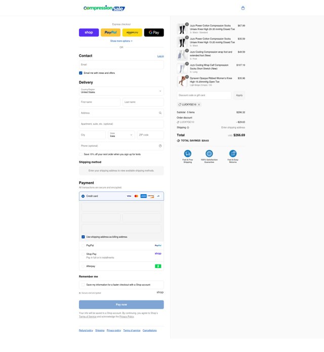 CompressionSale.com checkout page showing CompressionSale.com promo code box | Screenshot taken by SimplyCodes community member on Aug 29, 2025