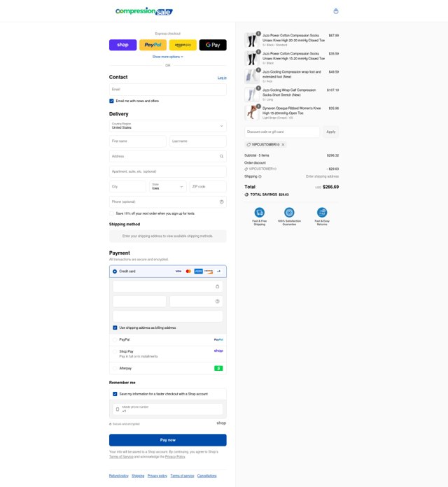 CompressionSale.com checkout page showing CompressionSale.com promo code box | Screenshot taken by SimplyCodes community member on Aug 29, 2025