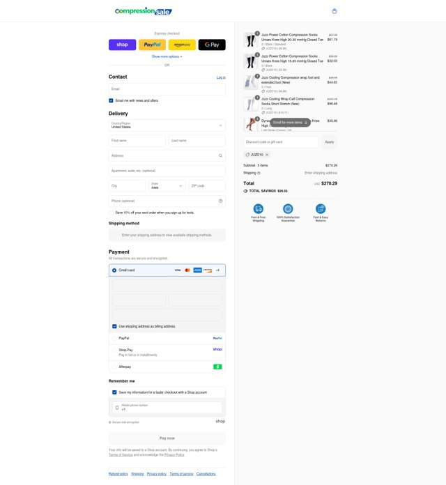 CompressionSale.com checkout page showing CompressionSale.com promo code box | Screenshot taken by SimplyCodes community member on Aug 29, 2025