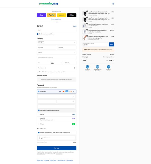 CompressionSale.com checkout page showing CompressionSale.com promo code box | Screenshot taken by SimplyCodes community member on Aug 29, 2025