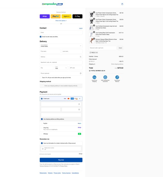 CompressionSale.com checkout page showing CompressionSale.com promo code box | Screenshot taken by SimplyCodes community member on Aug 29, 2025