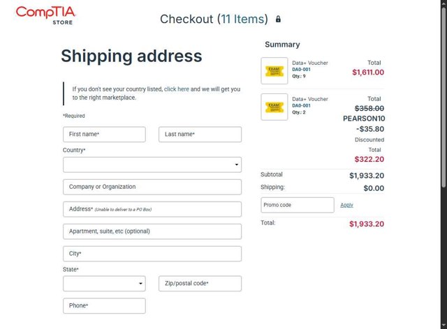 CompTIA checkout page showing CompTIA promo code box | Screenshot taken by SimplyCodes community member on Aug 11, 2025