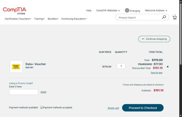 CompTIA checkout page showing CompTIA promo code box | Screenshot taken by SimplyCodes community member on Aug 20, 2025