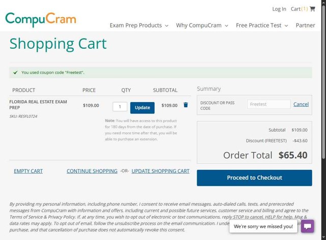 CompuCram checkout page showing CompuCram discount code box | Screenshot taken by SimplyCodes community member on Aug 5, 2025