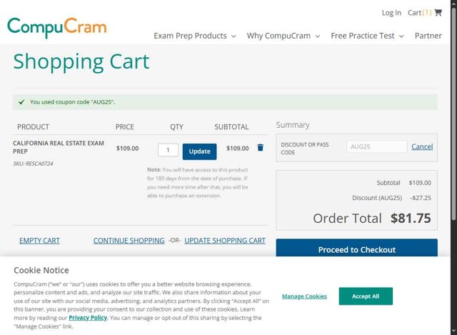 CompuCram checkout page showing CompuCram discount code box | Screenshot taken by SimplyCodes community member on Aug 21, 2025