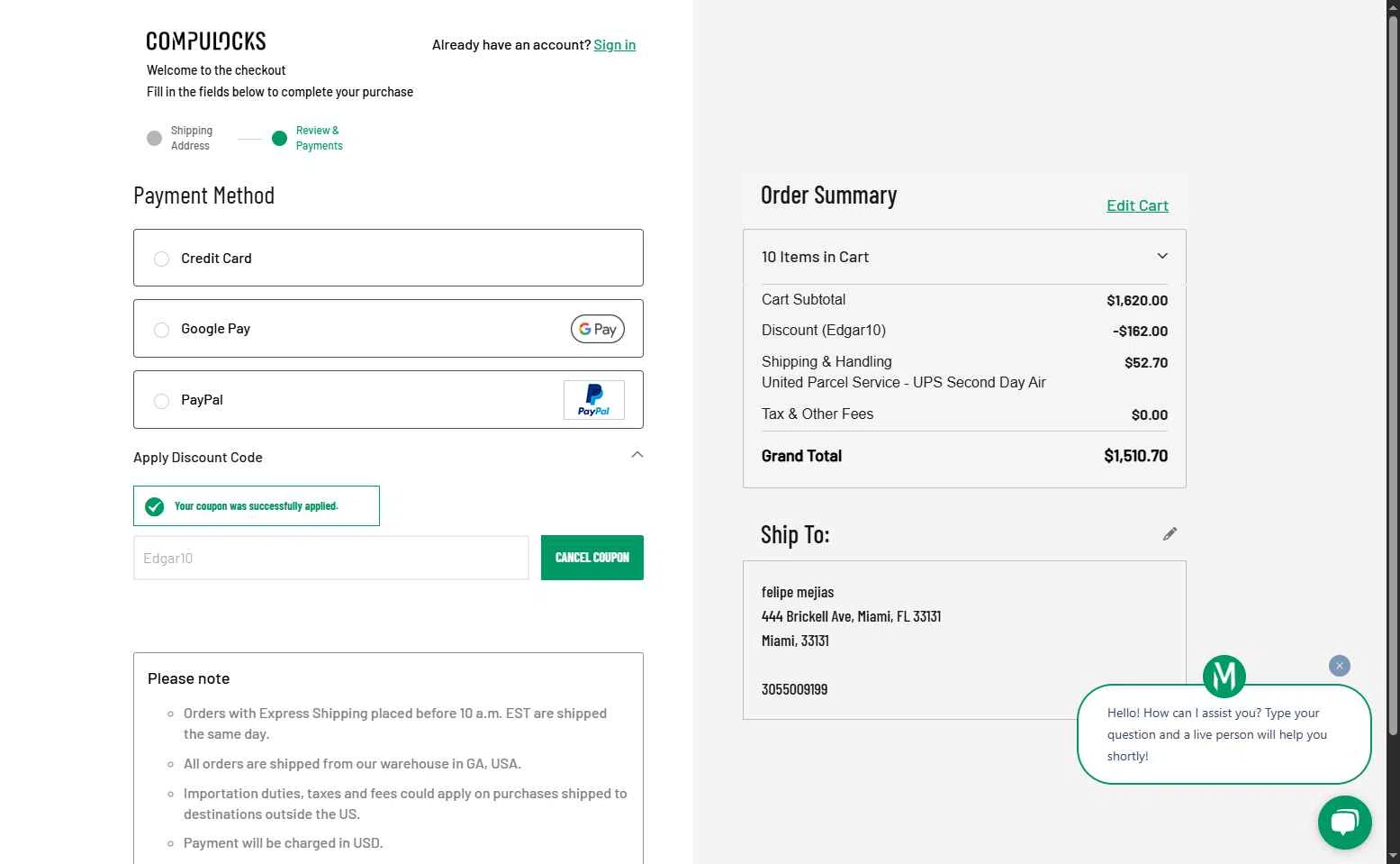 Compulocks checkout page showing Compulocks promo code box | Screenshot taken by SimplyCodes community member on Jul 8, 2025