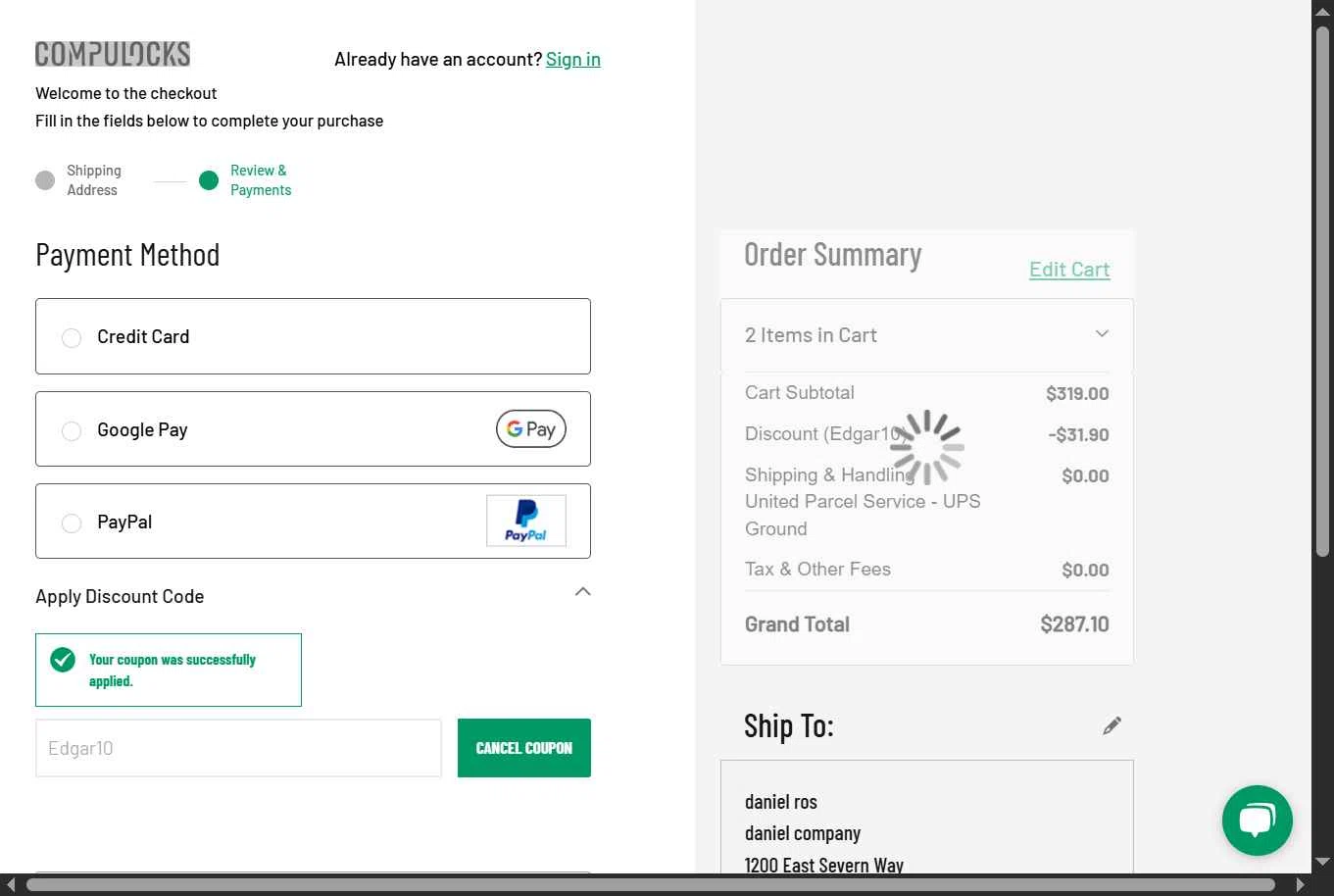 Compulocks checkout page showing Compulocks promo code box | Screenshot taken by SimplyCodes community member on Jul 8, 2025