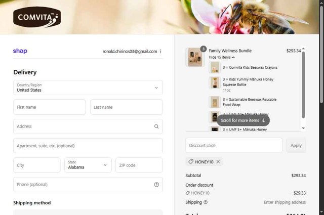 Comvita checkout page showing Comvita promo code box | Screenshot taken by SimplyCodes community member on Aug 29, 2025