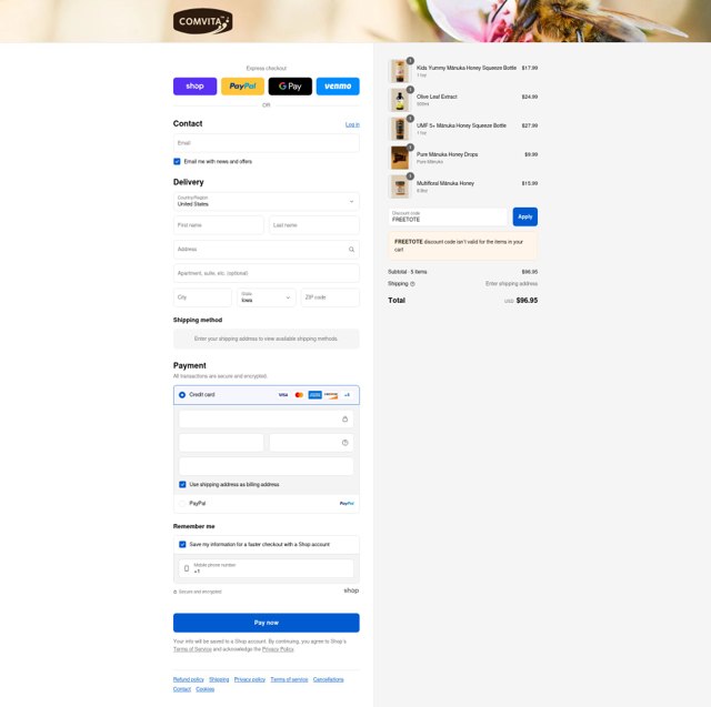 Comvita checkout page showing Comvita promo code box | Screenshot taken by SimplyCodes community member on Aug 29, 2025