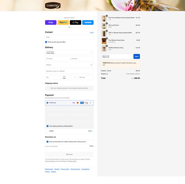 Comvita checkout page showing Comvita promo code box | Screenshot taken by SimplyCodes community member on Sep 2, 2025