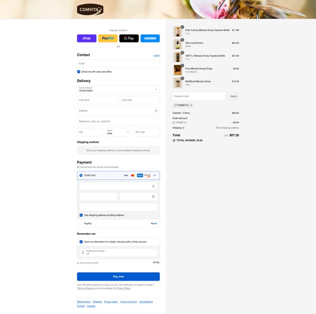 Comvita checkout page showing Comvita promo code box | Screenshot taken by SimplyCodes community member on Aug 29, 2025