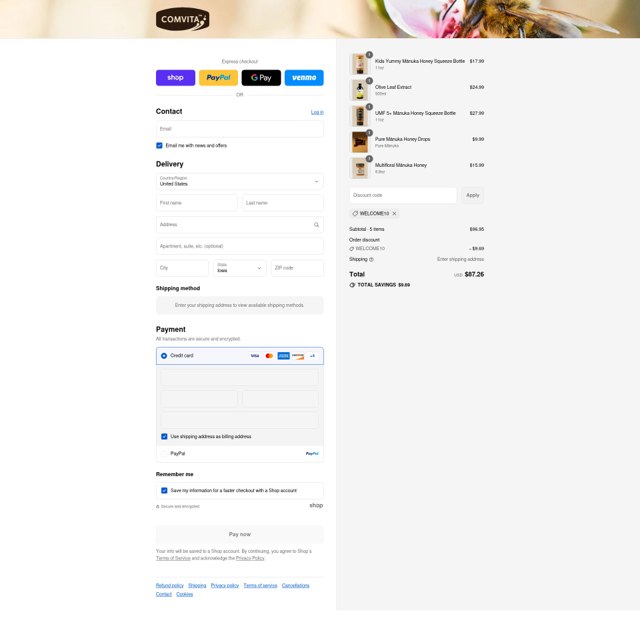 Comvita checkout page showing Comvita promo code box | Screenshot taken by SimplyCodes community member on Sep 2, 2025
