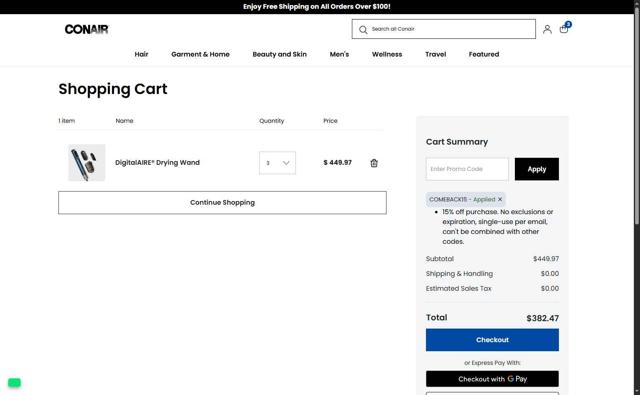 Conair checkout page showing Conair promo code box | Screenshot taken by SimplyCodes community member on Jul 16, 2025