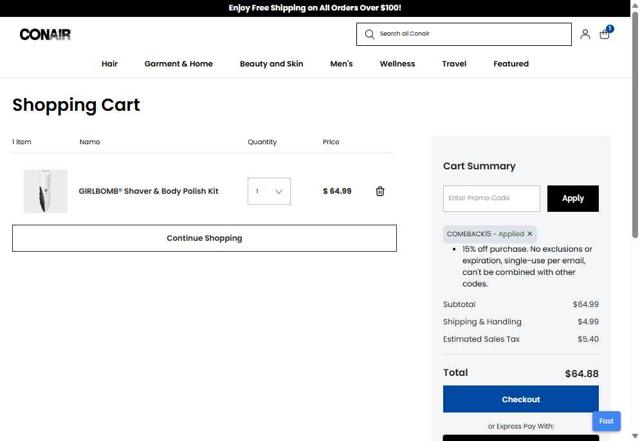 Conair checkout page showing Conair promo code box | Screenshot taken by SimplyCodes community member on Jul 16, 2025
