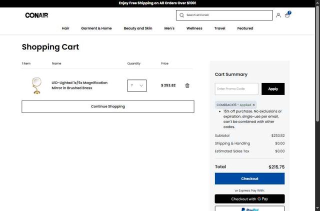 Conair checkout page showing Conair promo code box | Screenshot taken by SimplyCodes community member on Jul 16, 2025