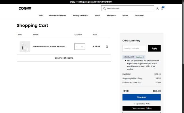 Conair checkout page showing Conair promo code box | Screenshot taken by SimplyCodes community member on Jul 16, 2025
