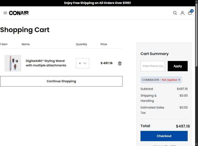 Conair checkout page showing Conair promo code box | Screenshot taken by SimplyCodes community member on Jul 16, 2025