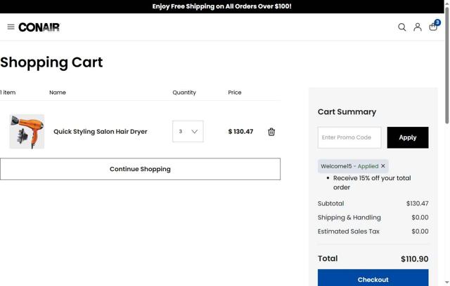 Conair checkout page showing Conair promo code box | Screenshot taken by SimplyCodes community member on Jul 16, 2025