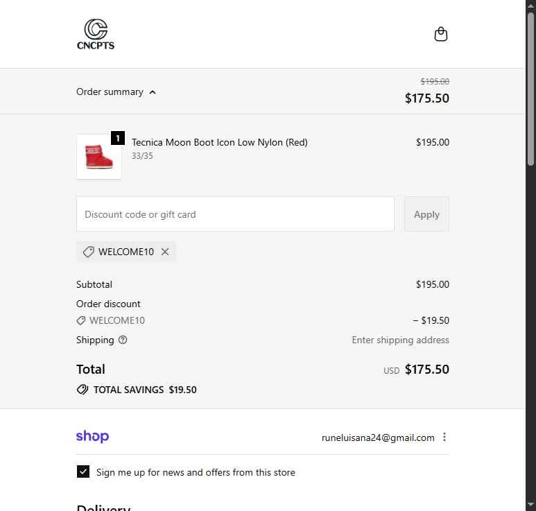 Concepts checkout page showing Concepts discount code box | Screenshot taken by SimplyCodes community member on Jan 31, 2026