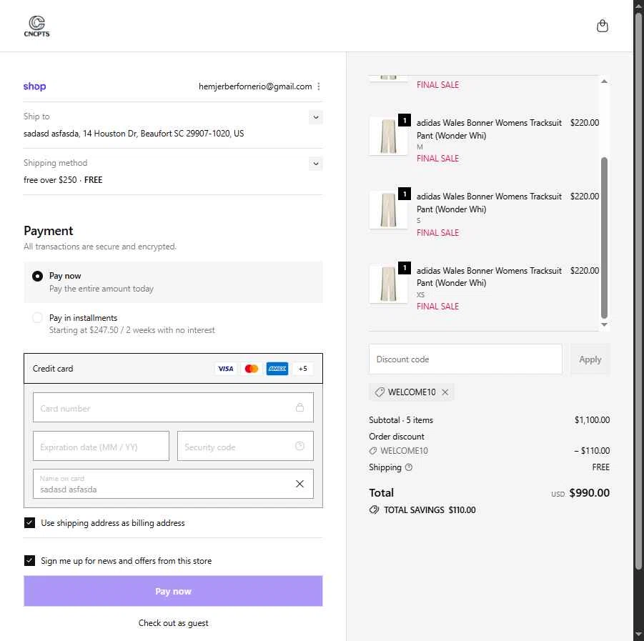 Concepts checkout page showing Concepts discount code box | Screenshot taken by SimplyCodes community member on Nov 6, 2025