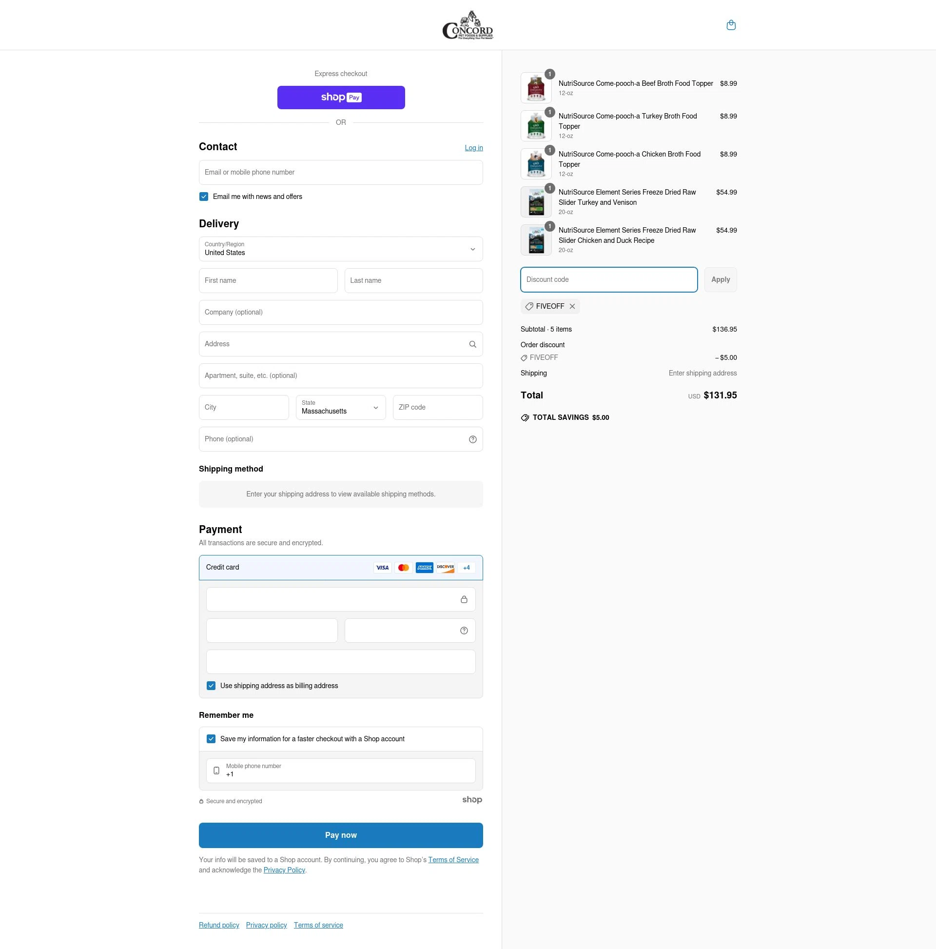 Concord Pet Foods checkout page showing Concord Pet Foods promo code box | Screenshot taken by SimplyCodes community member on Apr 9, 2025