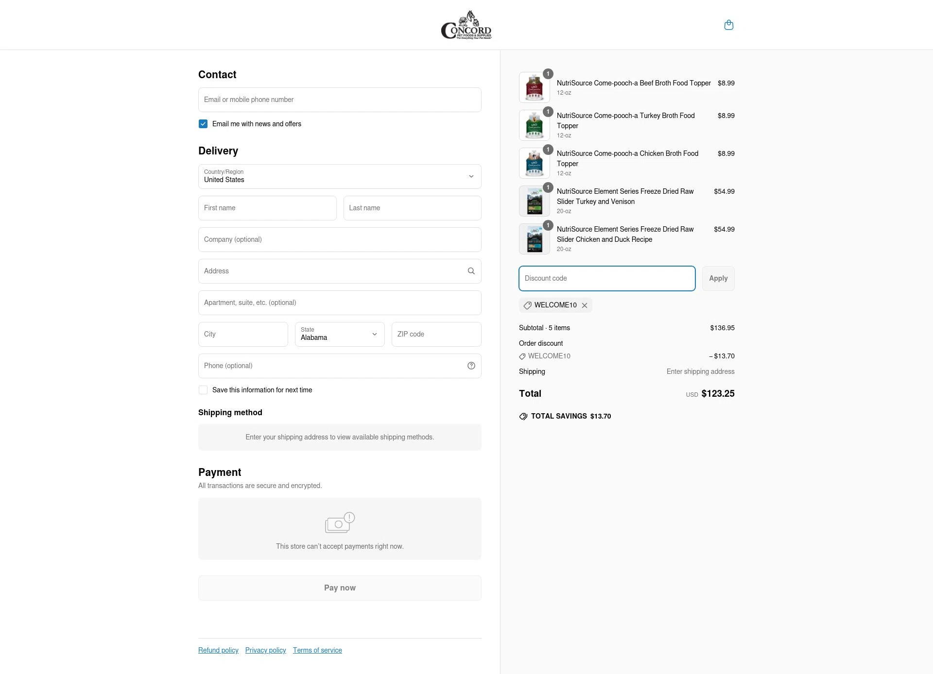 Concord Pet Foods checkout page showing Concord Pet Foods promo code box | Screenshot taken by SimplyCodes community member on May 6, 2025