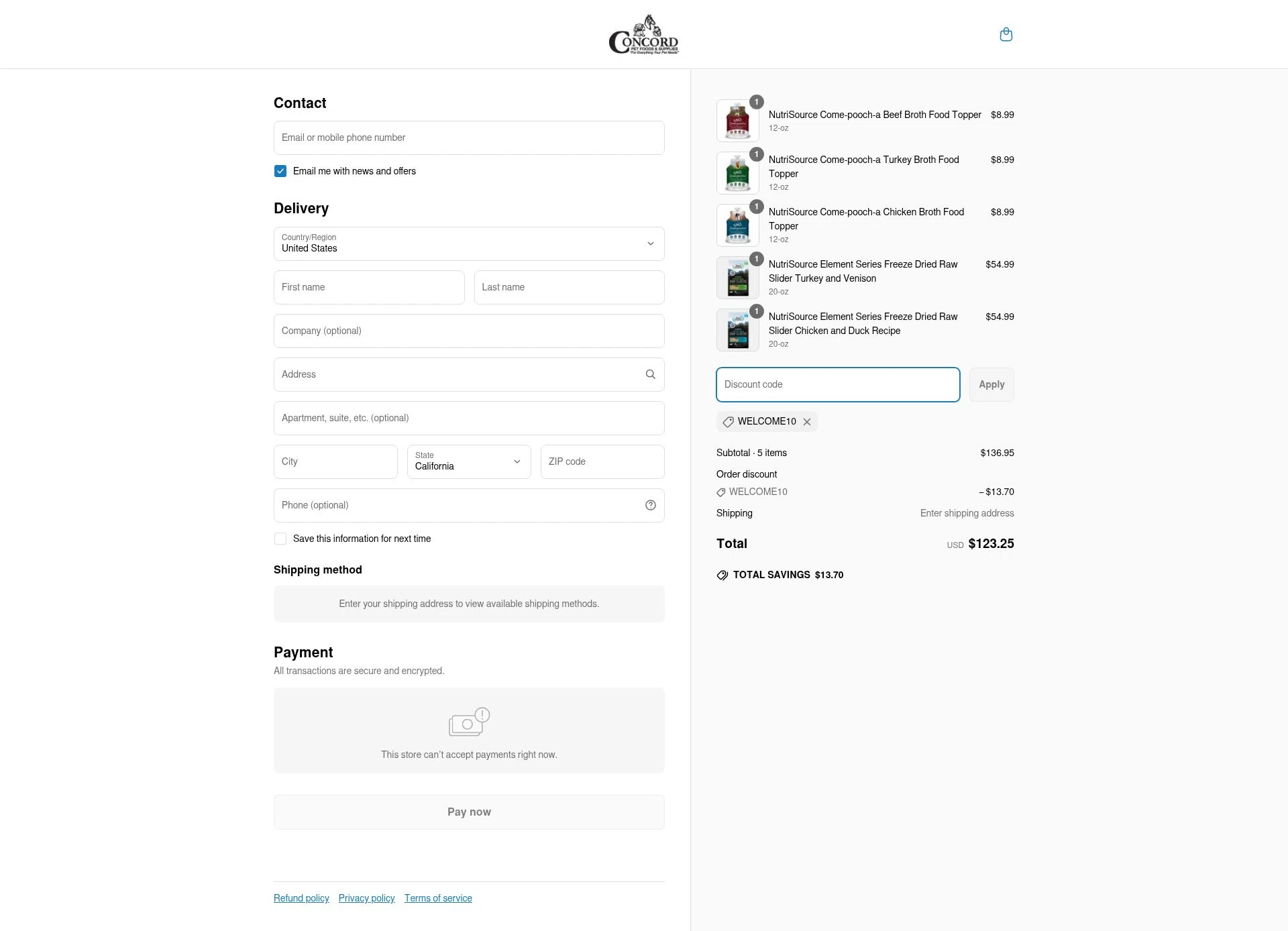 Concord Pet Foods checkout page showing Concord Pet Foods promo code box | Screenshot taken by SimplyCodes community member on Jun 12, 2025