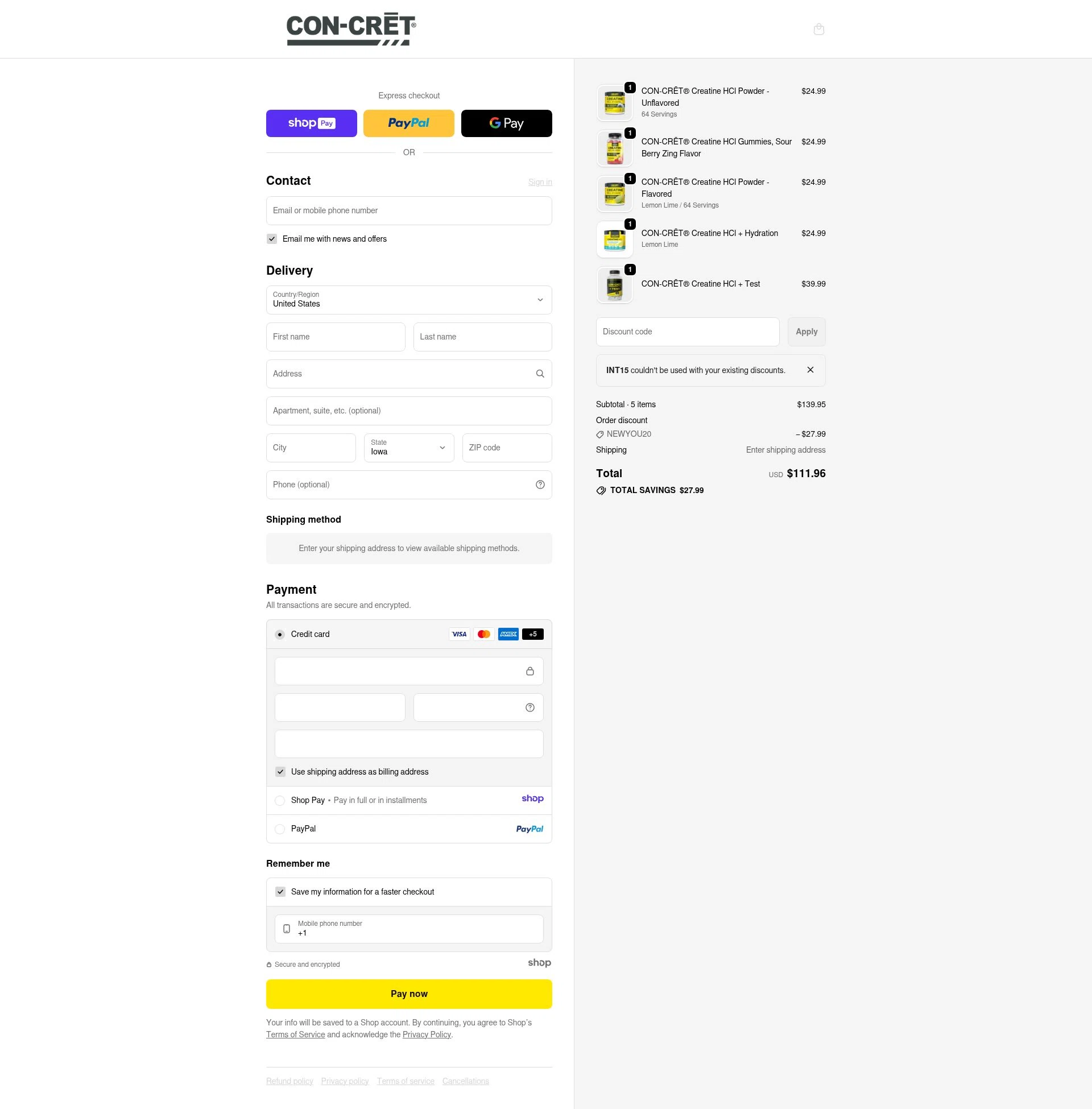 CON-CRET checkout page showing CON-CRET promo code box | Screenshot taken by SimplyCodes community member on Jan 7, 2026