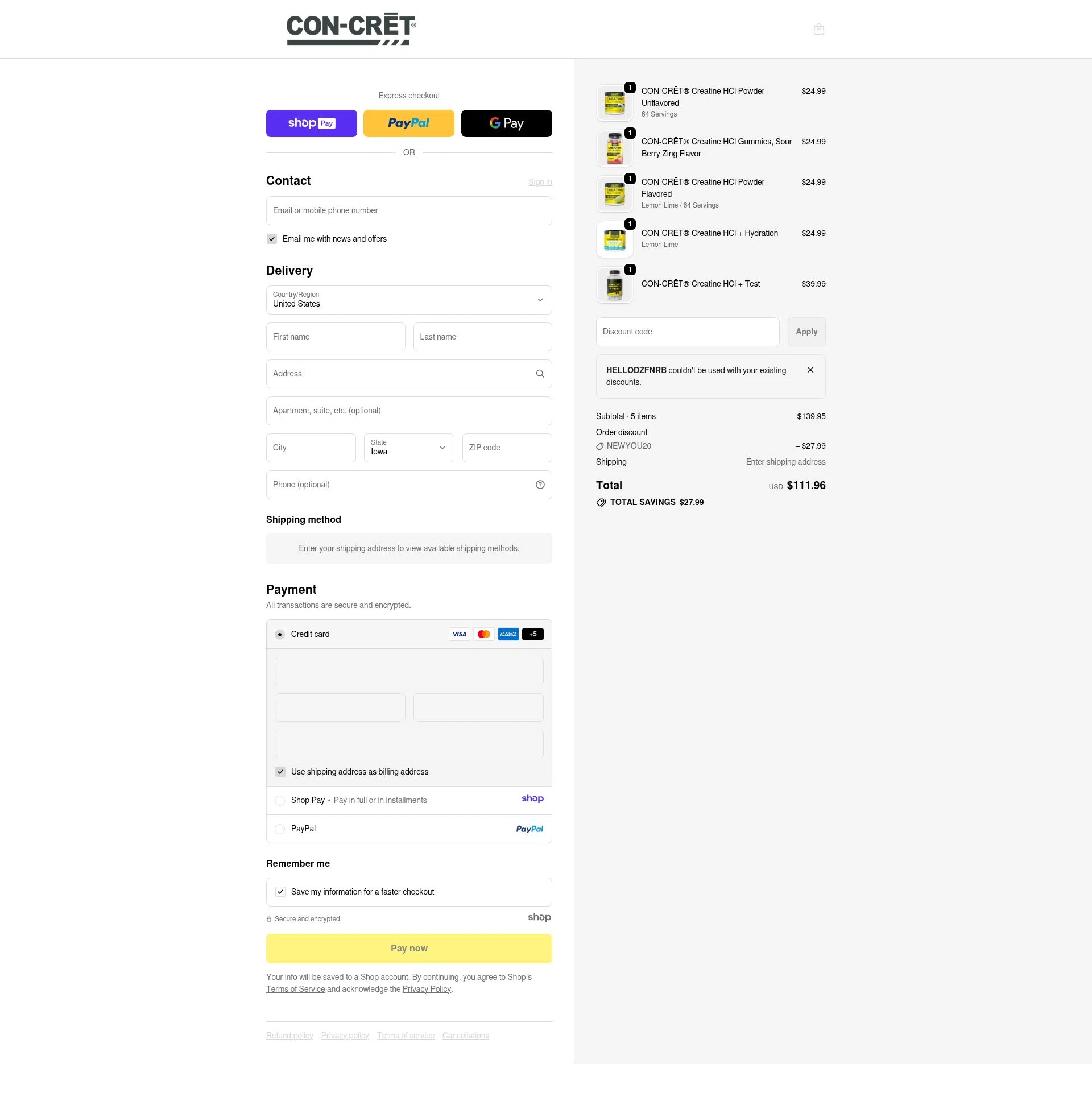 CON-CRET checkout page showing CON-CRET promo code box | Screenshot taken by SimplyCodes community member on Jan 7, 2026