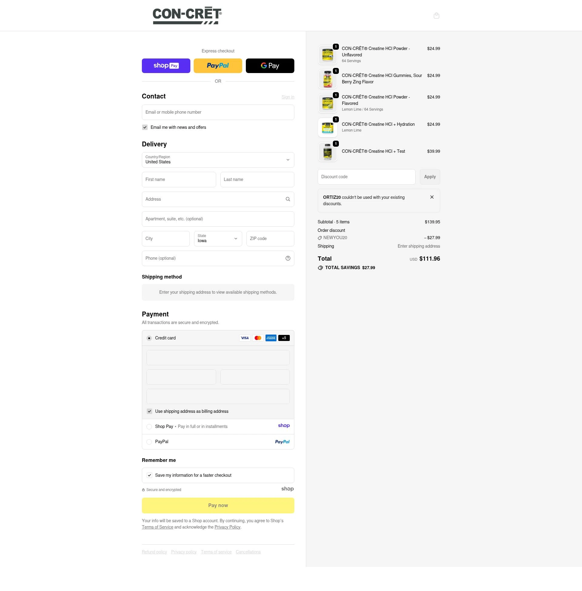 CON-CRET checkout page showing CON-CRET promo code box | Screenshot taken by SimplyCodes community member on Jan 7, 2026