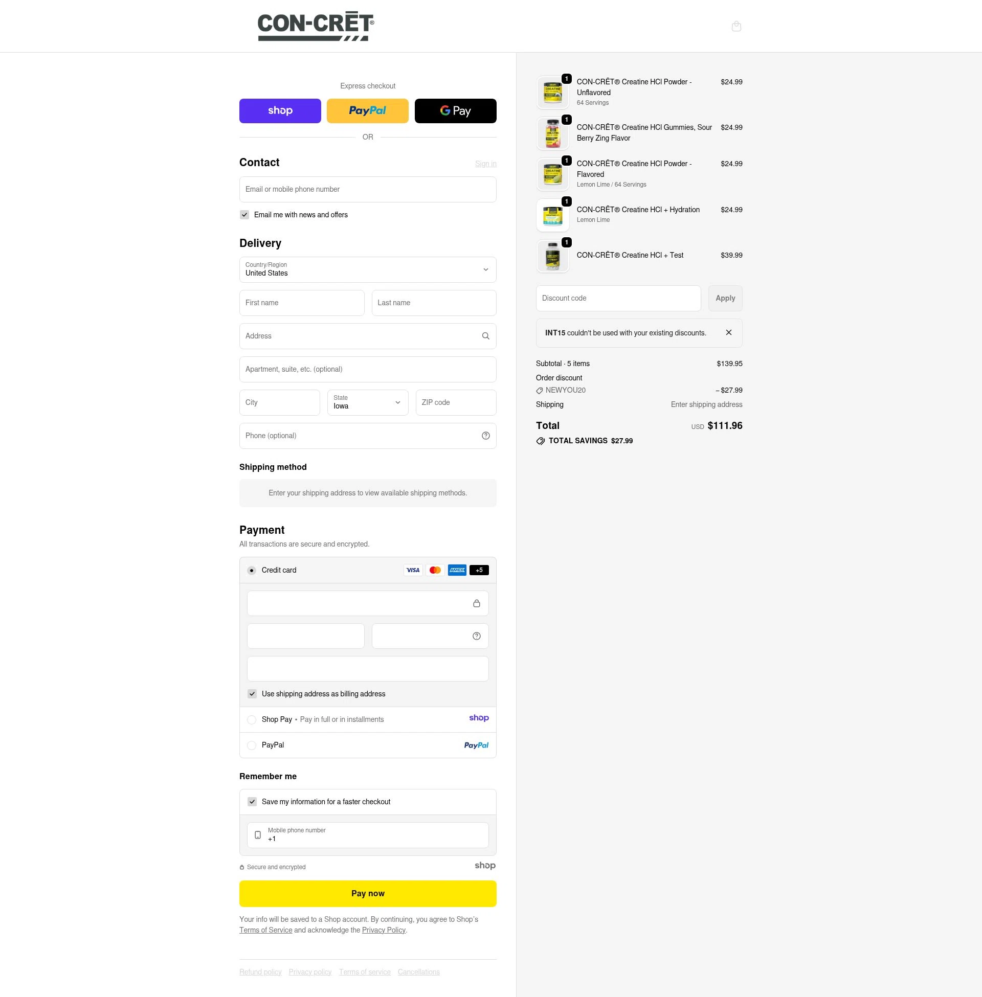CON-CRET checkout page showing CON-CRET promo code box | Screenshot taken by SimplyCodes community member on Jan 2, 2026
