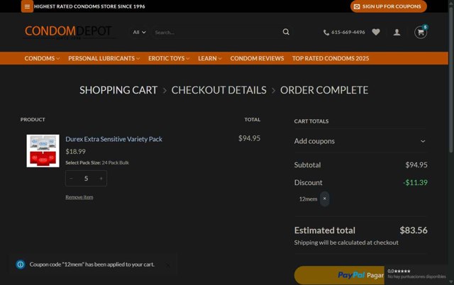 Condom Depot checkout page showing Condom Depot promo code box | Screenshot taken by SimplyCodes community member on Aug 25, 2025