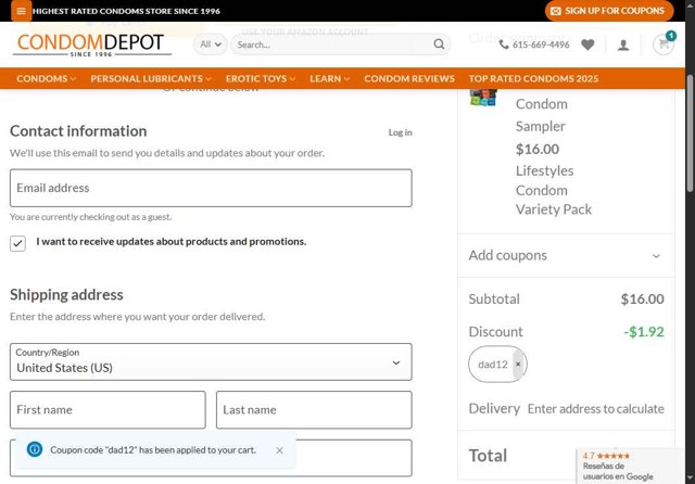 Condom Depot checkout page showing Condom Depot promo code box | Screenshot taken by SimplyCodes community member on Jul 30, 2025