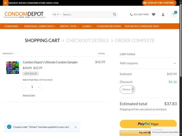 Condom Depot checkout page showing Condom Depot promo code box | Screenshot taken by SimplyCodes community member on Jul 27, 2025
