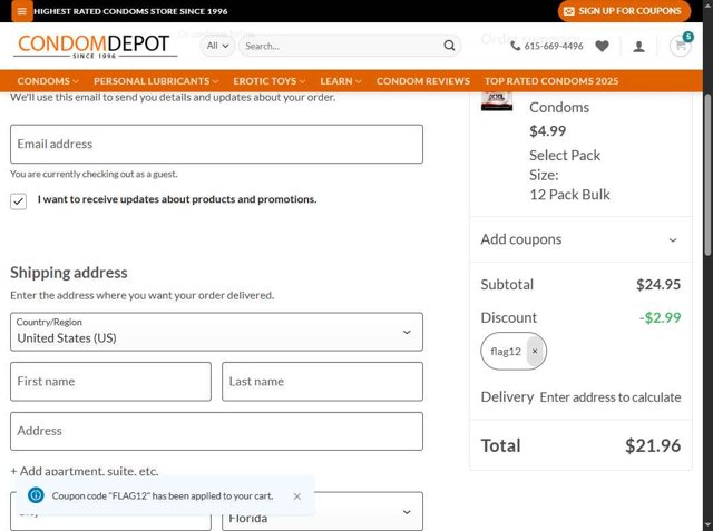 Condom Depot checkout page showing Condom Depot promo code box | Screenshot taken by SimplyCodes community member on Aug 31, 2025