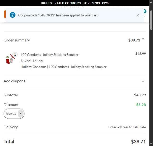 Condom Depot checkout page showing Condom Depot promo code box | Screenshot taken by SimplyCodes community member on Aug 21, 2025