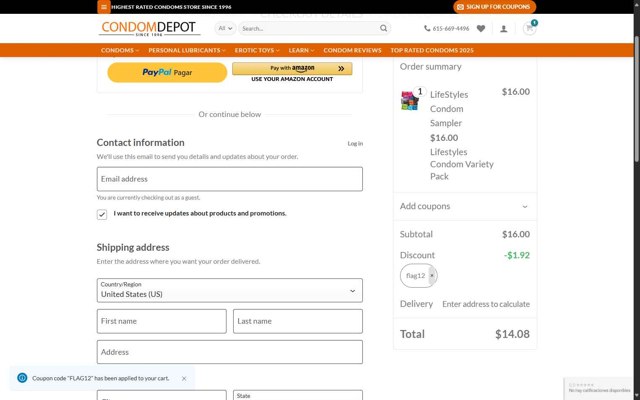 Condom Depot checkout page showing Condom Depot promo code box | Screenshot taken by SimplyCodes community member on Aug 2, 2025
