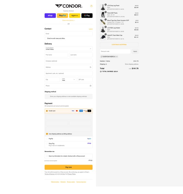Condor Outdoor checkout page showing Condor Outdoor discount code box | Screenshot taken by SimplyCodes community member on Aug 31, 2025