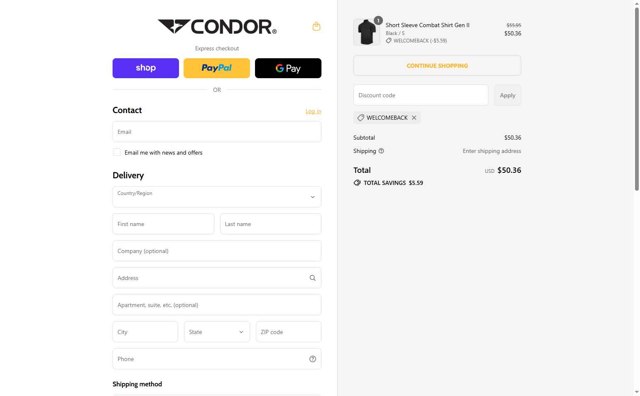 Condor Outdoor checkout page showing Condor Outdoor discount code box | Screenshot taken by SimplyCodes community member on Aug 13, 2025
