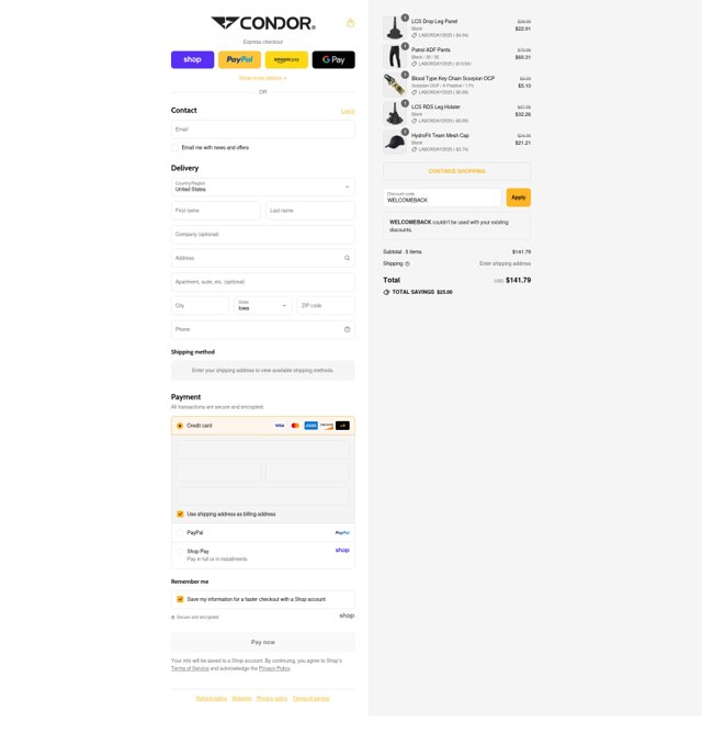 Condor Outdoor checkout page showing Condor Outdoor discount code box | Screenshot taken by SimplyCodes community member on Aug 31, 2025