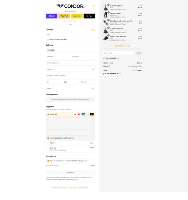 Condor Outdoor checkout page showing Condor Outdoor discount code box | Screenshot taken by SimplyCodes community member on Sep 4, 2025