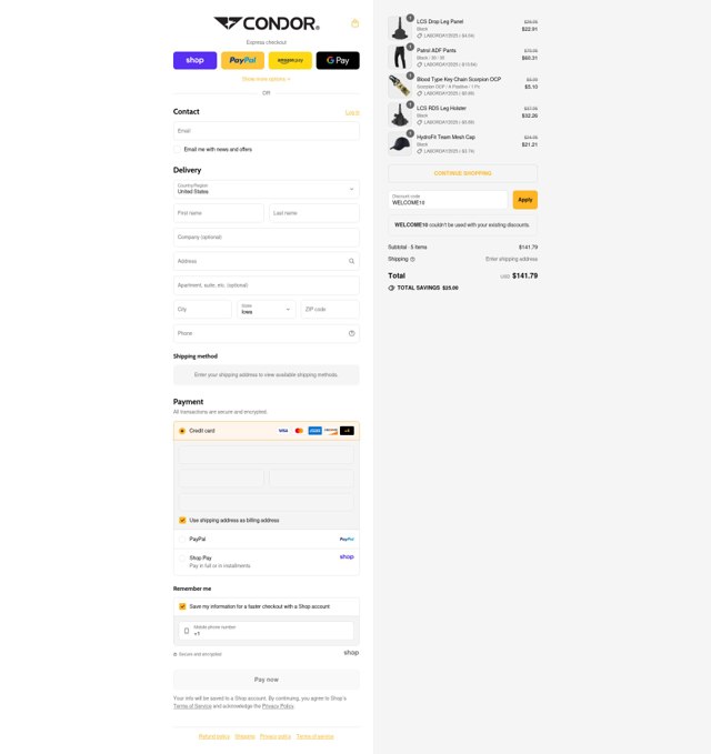 Condor Outdoor checkout page showing Condor Outdoor discount code box | Screenshot taken by SimplyCodes community member on Aug 31, 2025