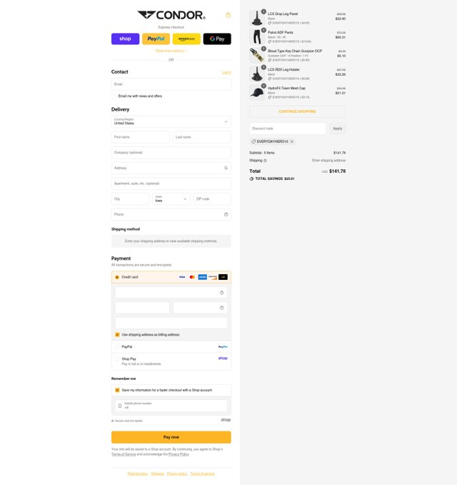 Condor Outdoor checkout page showing Condor Outdoor discount code box | Screenshot taken by SimplyCodes community member on Sep 4, 2025