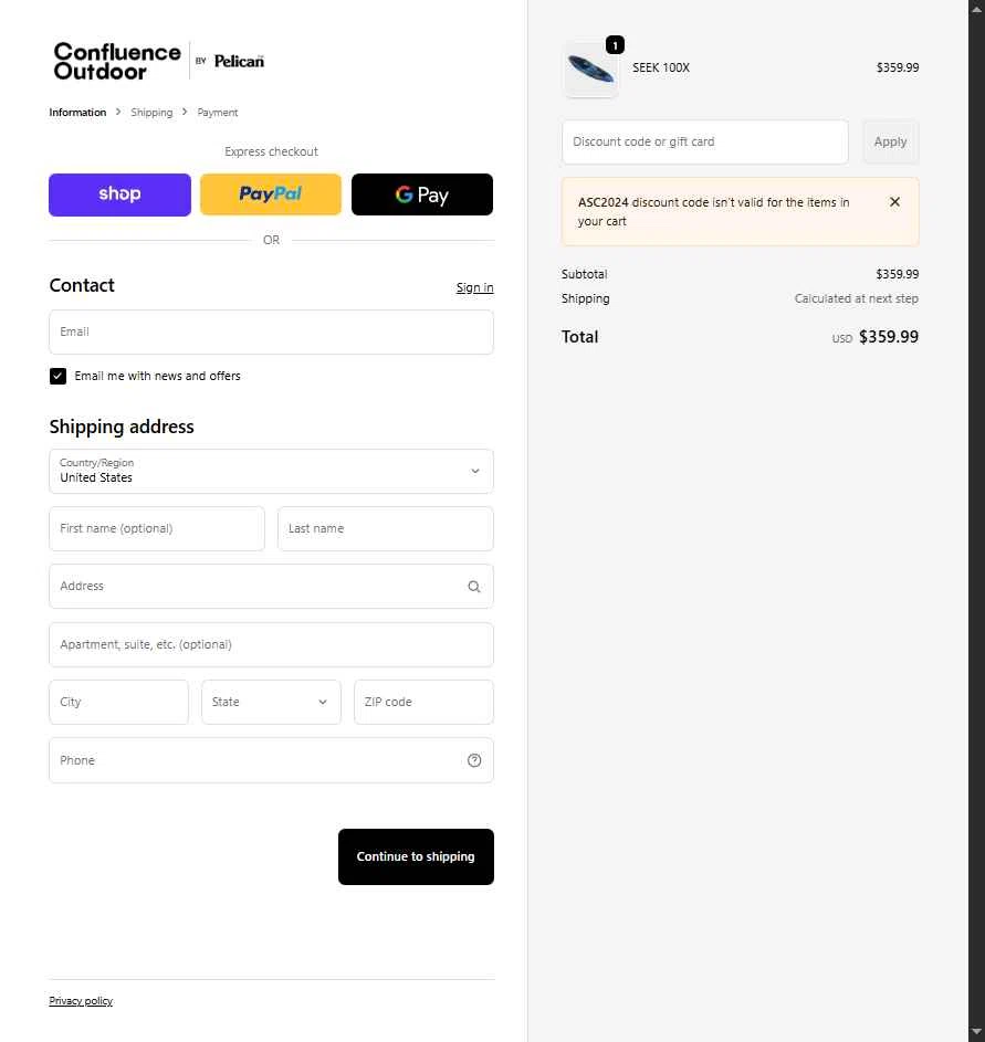 Confluence Outdoor checkout page showing Confluence Outdoor discount code box | Screenshot taken by SimplyCodes community member on Jan 19, 2026