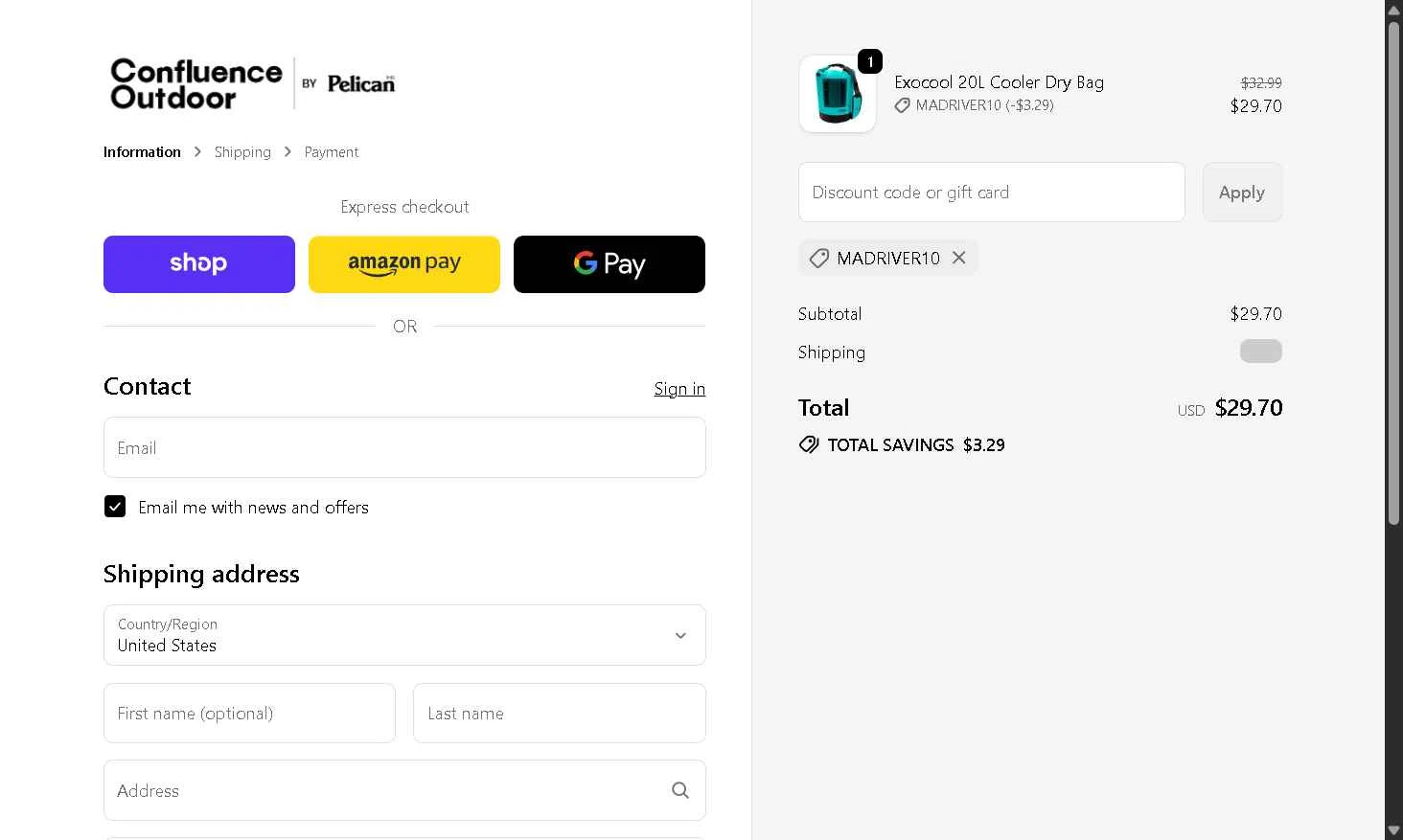 Confluence Outdoor checkout page showing Confluence Outdoor discount code box | Screenshot taken by SimplyCodes community member on Sep 24, 2025