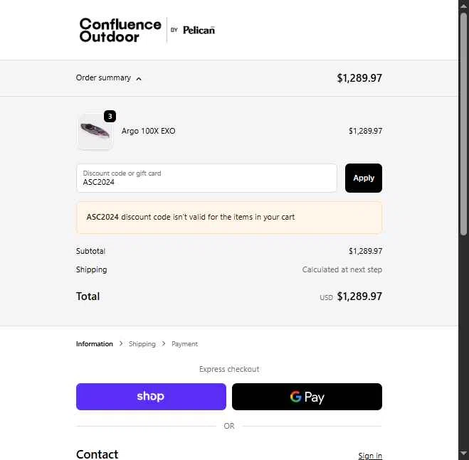 Confluence Outdoor checkout page showing Confluence Outdoor discount code box | Screenshot taken by SimplyCodes community member on Sep 25, 2025