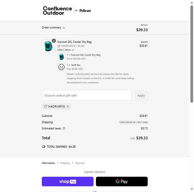 Confluence Outdoor checkout page showing Confluence Outdoor discount code box | Screenshot taken by SimplyCodes community member on Jun 13, 2025