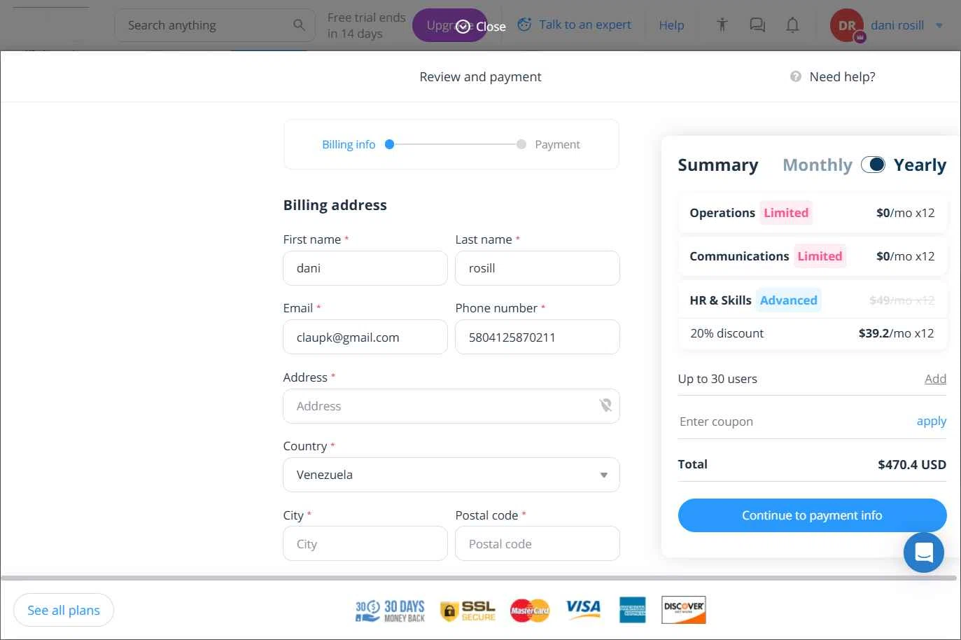 Connecteam checkout page showing Connecteam coupon code box | Screenshot taken by SimplyCodes community member on Nov 28, 2025